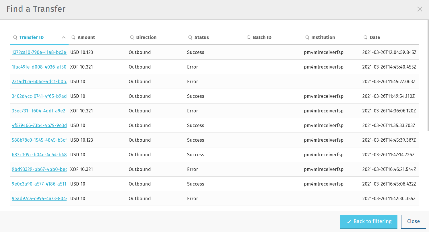 find a transfer results